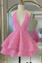 Short Homecoming Dresses, Pink Sequin Homecoming Dresses