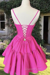 Short Hot Pink Satin Corset Ruffles Dresses