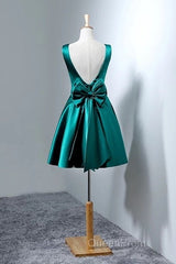 Short Hunter Green Satin Evening Prom Dresses With Bow