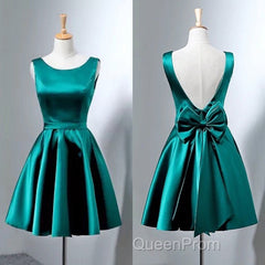 Short Hunter Green Satin Evening Prom Dresses With Bow