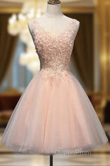 Short Open Back Pearl Pink Homecoming Dresses With Appliques