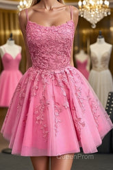 Short Pink Backless Lace Evening Prom Dresses, Short Pink Open Back Formal Homecoming Dresses