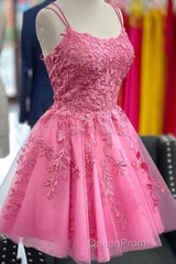 Short Pink Backless Lace Evening Prom Dresses, Short Pink Open Back Formal Homecoming Dresses