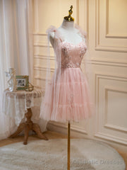 Short Pink Floral Prom Dresses, Short Pink Tulle Floral Formal Homecoming Dresses