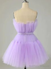 Short Purple Strapless Tulle Prom Dresses, Short Lavender Tulle Graduation Homecoming Dresses