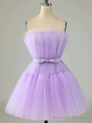 Short Purple Strapless Tulle Prom Dresses, Short Lavender Tulle Graduation Homecoming Dresses