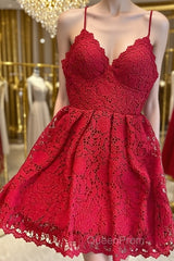 Short Red Lace Evening Prom Dresses, Short Red Lace Formal Graduation Homecoming Dresses