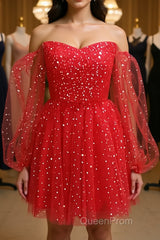 Short Red Long Sleeves Tulle Evening Prom Dresses, Short Red Long Sleeves Formal Homecoming Dresses