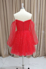 Short Red Long Sleeves Tulle Evening Prom Dresses, Short Red Long Sleeves Formal Homecoming Dresses