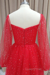 Short Red Long Sleeves Tulle Evening Prom Dresses, Short Red Long Sleeves Formal Homecoming Dresses