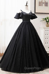 Short Sleeves Black Tulle Lace Sweetheart Long Evening Prom Dresses