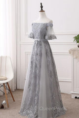 Short Sleeves Grey Lace Long Evening Prom Dresses, Short Sleeves Gray Lace Long Formal Evening Dresses
