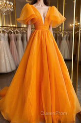 Short Sleeves Orange Long Evening Prom Dresses, Orange Long Formal Evening Dresses