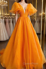 Short Sleeves Orange Long Evening Prom Dresses, Orange Long Formal Evening Dresses