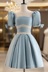 Short Sleeves Short Blue Evening Prom Dresses, Short Blue Formal Homecoming Dresses