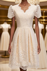 Short Sleeves Short Champagne Lace Evening Prom Dresses, Short Champagne Lace Formal Wedding Dresses