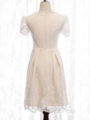 Short Sleeves Short Champagne Lace Evening Prom Dresses, Short Champagne Lace Formal Wedding Dresses