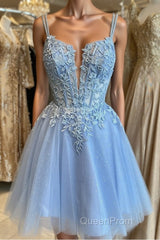 Short V Neck Blue Lace Evening Prom Dresses, V Neck Short Blue Lace Formal Homecoming Dresses