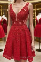 Short V Neck Lace Evening Prom Dresses, Short Red V Neck Lace Homecoming Graduation Dresses