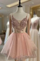 Short V Neck Pink Lace Evening Prom Dresses, Short Pink Lace Graduation Homecoming Dresses