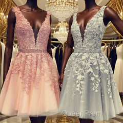 Short V-neck Tulle Evening Prom Homecoming Dresses Lace Embroidery
