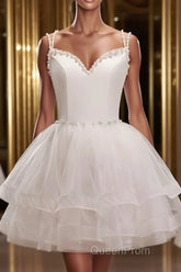 Short V Neck White Evening Prom Dresses, Short V Neck White Formal Homecoming Dresses