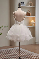 Short V Neck White Evening Prom Dresses, Short V Neck White Formal Homecoming Dresses