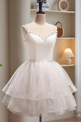 Short White Tulle Evening Prom Dresses, Short White Tulle Homecoming Graduation Dresses