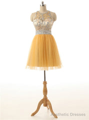 Short Yellow Tulle Prom Party Dresses A Line Homecoming Dresses Sequins Beading