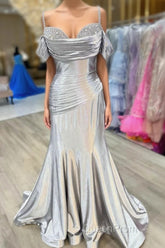 Silver Cold Sleeves Beaded Ruched Mermaid Evening Prom Dresses
