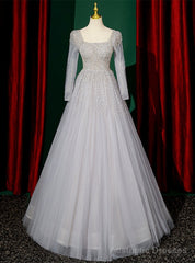 Silver Gray Tulle Long Sleeve Beading Sequins Prom Dress