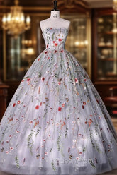 Silver Grey Strapless Ball Gown Evening Prom Dresses Floral Floor Length Quinceanera Dresses