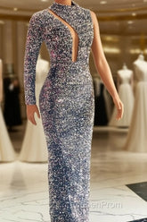 Silver Mermaid Sequin Evening Prom Dresses One Shoulder