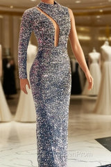 Silver Mermaid Sequin Evening Prom Dresses One Shoulder