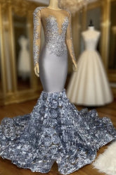 Silver Rosette Long Sleeve Mermaid Evening Prom Dresses