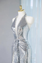 Silver Sequins Sheath V-Neck Long Evening Prom Dresses Shiny Evening Dresses