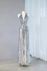 Silver Sequins Sheath V-Neck Long Evening Prom Dresses Shiny Evening Dresses