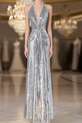 Silver Sequins Sheath V-Neck Long Evening Prom Dresses Shiny Evening Dresses