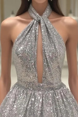 Silver Sexy Halter Sequined Backless Short Homecoming Dresses, Sparkly Party Dresses