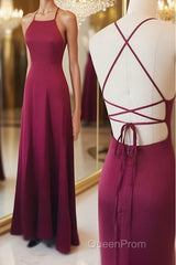 Simple A Line Backless Burgundy Satin Long Evening Prom Dresses, Burgundy Formal Dresses, Burgundy Evening Dresses