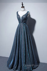 Simple A-Line Blue Long Evening Prom Dresses, Blue Formal Dresses