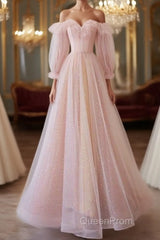 Simple A Line Long Sleeves Pink Tulle Long Evening Prom Dresses