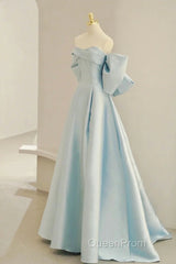 Simple A Line Off The Shoulder Blue Satin Long Evening Prom Dresses