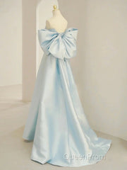 Simple A Line Off The Shoulder Blue Satin Long Evening Prom Dresses