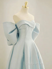 Simple A Line Off The Shoulder Blue Satin Long Evening Prom Dresses