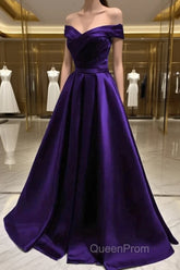 Simple A Line Off The Shoulder Purple Satin Long Evening Prom Dresses