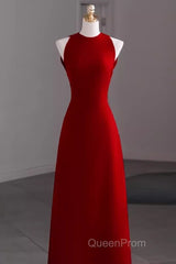 Simple A Line Red Floor Length Open Back Evening Prom Dresses