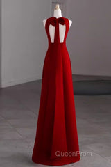 Simple A Line Red Floor Length Open Back Evening Prom Dresses
