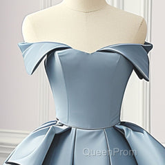 Simple A-Line Satin Blue Long Evening Prom Dresses, Blue Satin Long Formal Dresses