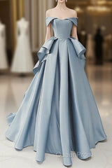 Simple A-Line Satin Blue Long Evening Prom Dresses, Blue Satin Long Formal Dresses